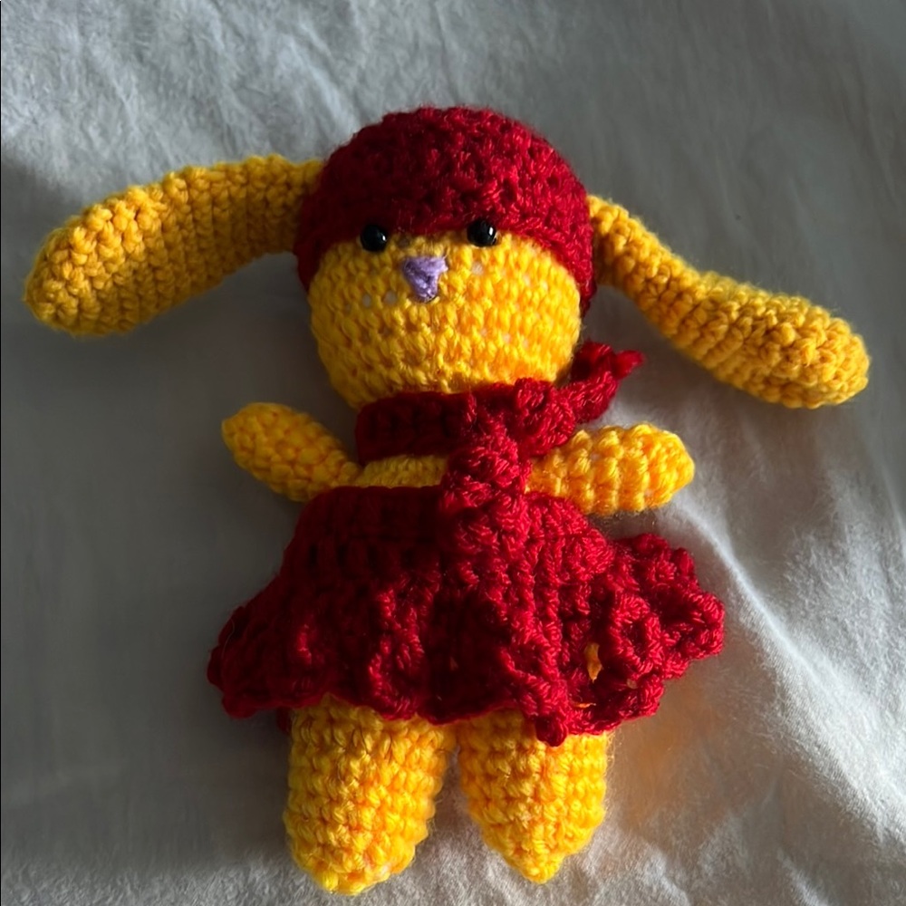 Handmade Yellow and Red Crochet Bunny